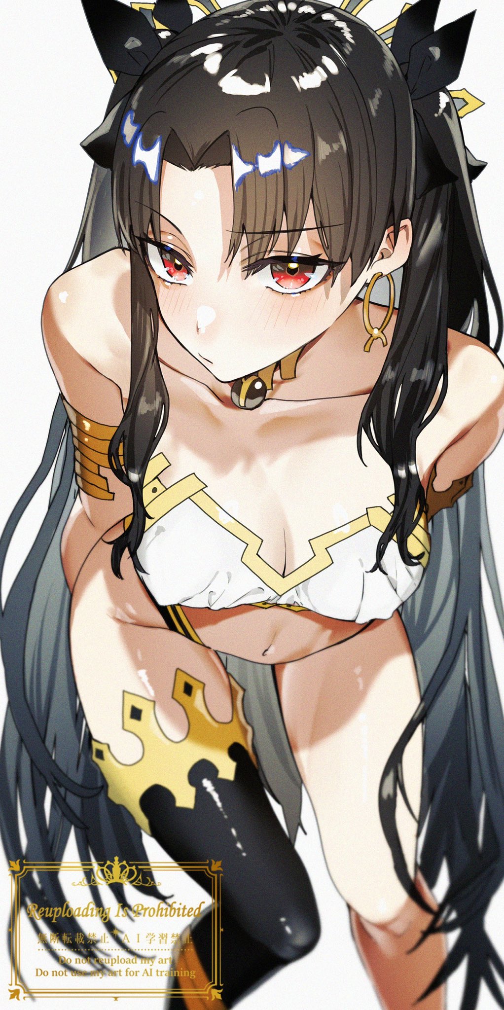 1girl, armlet, arms_behind_back, bare_shoulders, bikini, black_bikini, black_ribbon, black_thighhighs, blush, bra, breasts, cleavage, collarbone, crown, earrings, fate/grand_order, fate_(series), hair_ribbon, highleg, highleg_bikini, highleg_panties, highres, hoop_earrings, ishtar_(fate), jewelry, kabosoi_mangaka, long_hair, medium_breasts, navel, panties, parted_bangs, red_eyes, ribbon, simple_background, single_thighhigh, stomach, swimsuit, thighhighs, thighs, thong, twintails, two_side_up, underwear, very_long_hair, white_background, white_bra, wide_hips