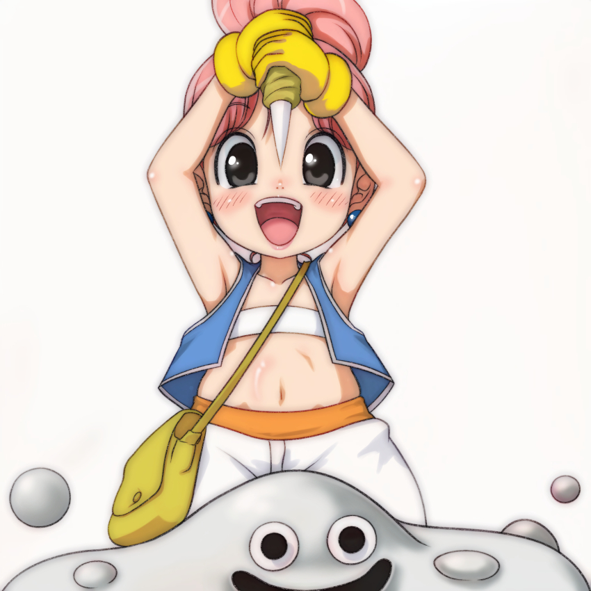 1girl, bag, black_eyes, blue_vest, blush, collarbone, dragon_quest, dragon_quest_iii