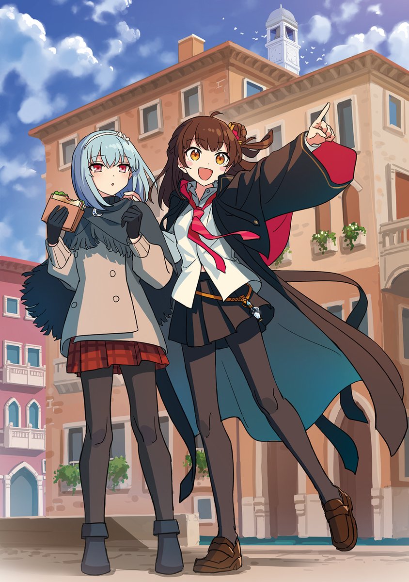 2girls, ahoge, arm_up, aru_majo_ga_shinu_made, black_gloves, black_jacket, black_pantyhose, black_skirt