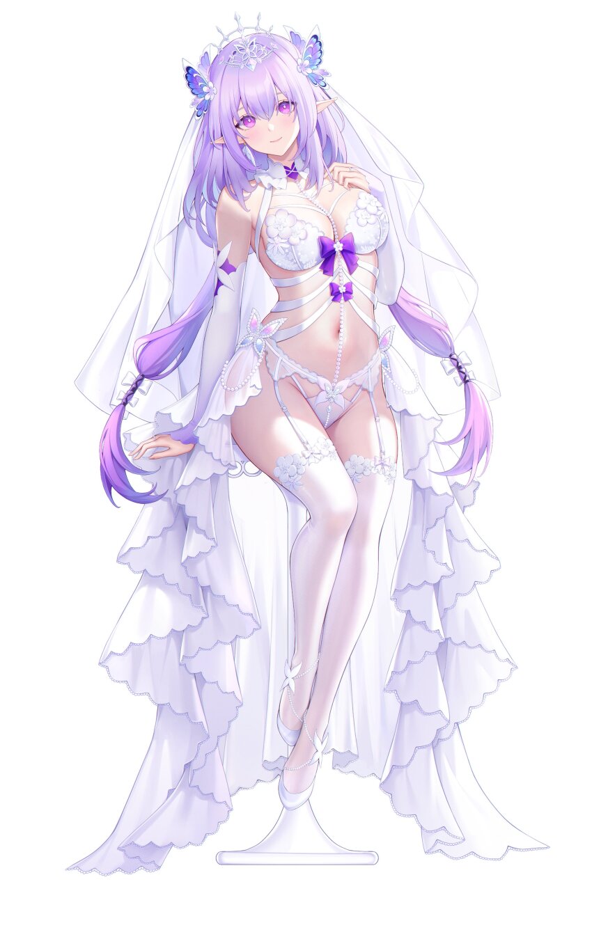 1girl, absurdres, alternate_costume, bare_shoulders, bra, breasts, bridal_lingerie, bright_pupils