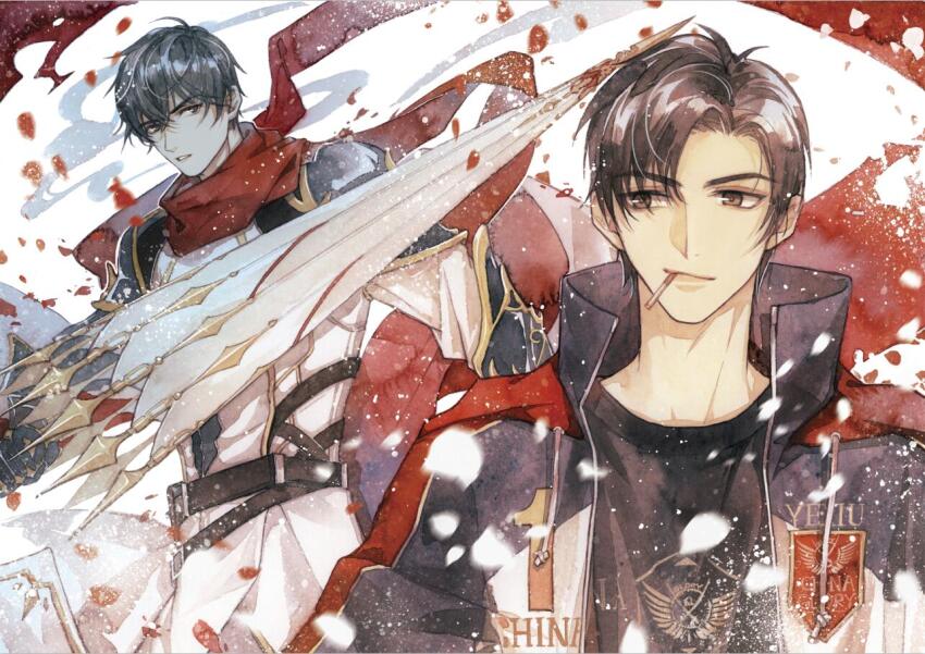 2boys, armor, belt, black_hair, black_jacket, black_shirt, brown_eyes, brown_hair