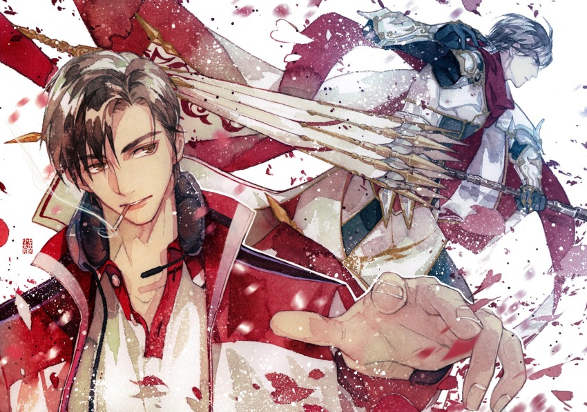 2boys, armor, black_hair, brown_eyes, brown_hair, cigarette, dual_persona, falling_petals