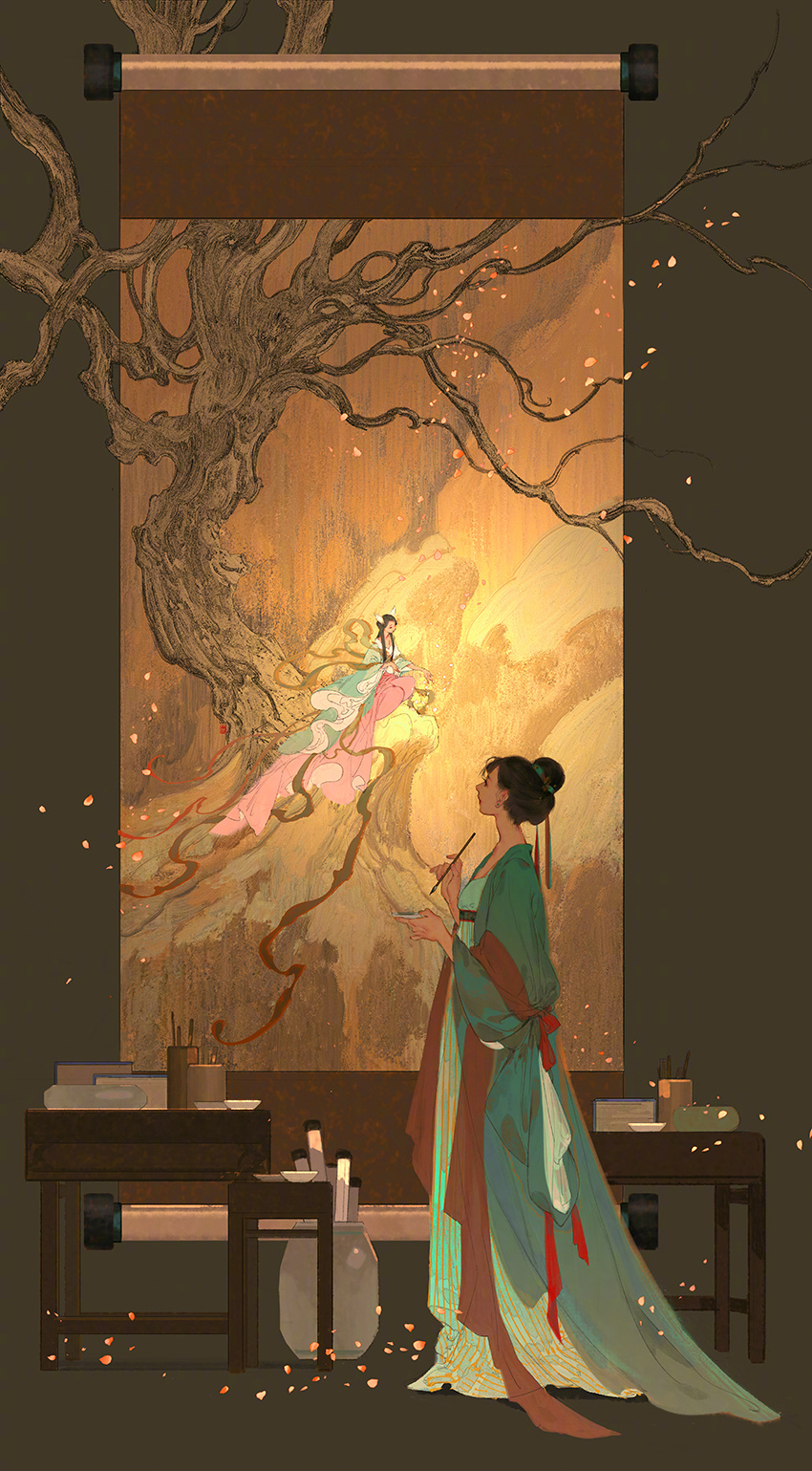 1girl, black_hair, chinese_clothes, daxiushan, hagoromo, hair_bun, hanfu, highres