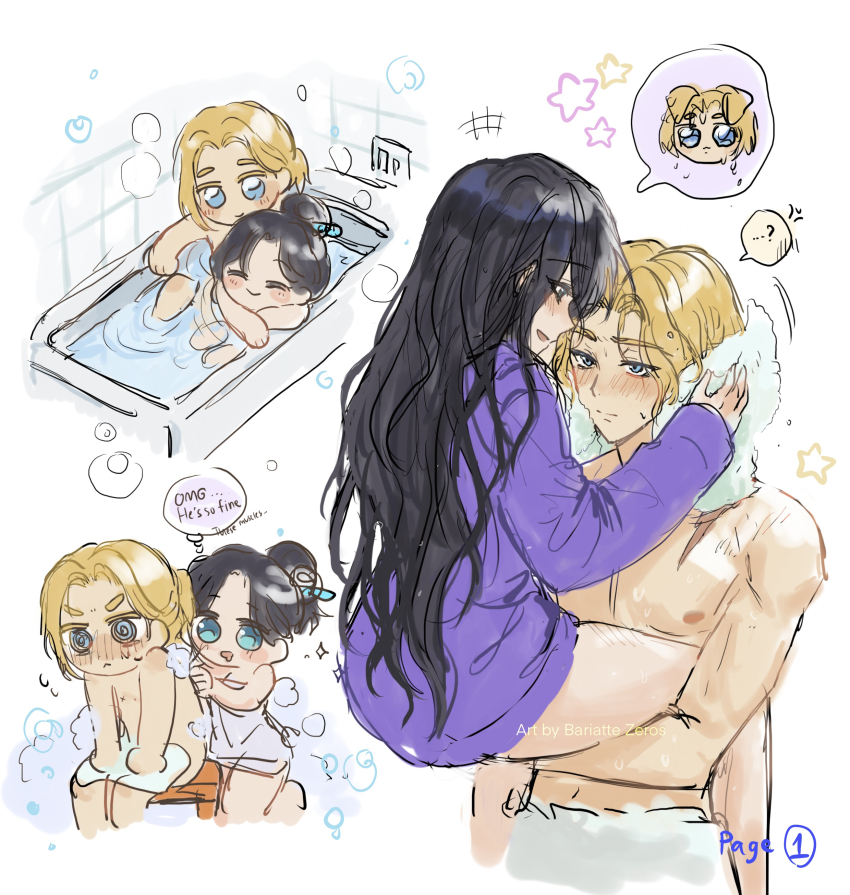 1boy, 1girl, absurdres, bare_legs, bath, bathroom, bathtub, benelle