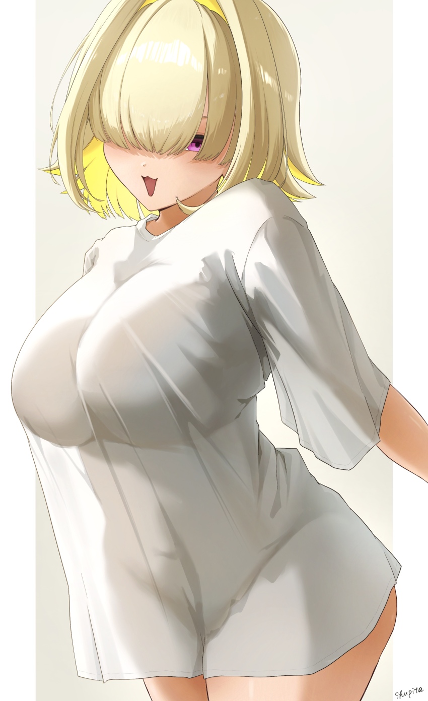 1girl, absurdres, artist_name, blonde_hair, breasts, commentary_request, cowboy_shot, elegg_(nikke), goddess_of_victory:_nikke, hair_over_eyes, highres, large_breasts, long_bangs, no_pants, open_mouth, purple_eyes, shirt, short_hair, shupita, simple_background, solo, t-shirt, white_background, white_shirt