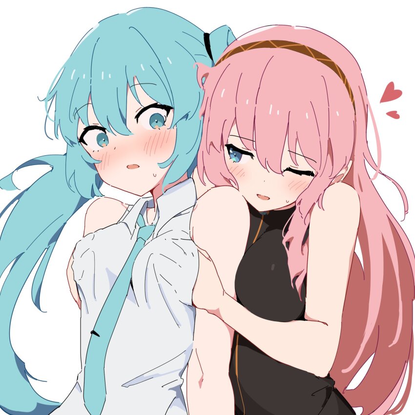 2girls, arms_at_sides, bare_arms, bare_shoulders, black_shirt, blue_eyes, blue_hair, blue_necktie, blush, breasts, check_commentary, collared_shirt, commentary, commentary_request, embarrassed, giryu, grabbing_another's_breast, grabbing_from_behind, groping, hair_between_eyes, hand_under_clothes, hand_under_shirt, hatsune_miku, heart, highres, large_breasts, long_hair, long_sidelocks, looking_at_another, medium_breasts, megurine_luka, multiple_girls, necktie, one_eye_closed, parted_lips, pink_hair, shirt, sidelocks, sideways_glance, simple_background, sleeveless, sleeveless_shirt, straight_hair, sweat, twintails, upper_body, vocaloid, white_background, white_shirt, yuri