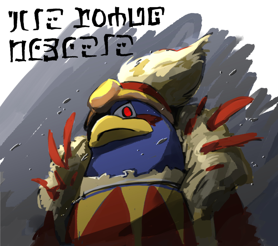 bel_(doting123), facepaint, fake_text, feathers, grey_background, king_dedede, kirby_(series), kirby_and_the_forgotten_land