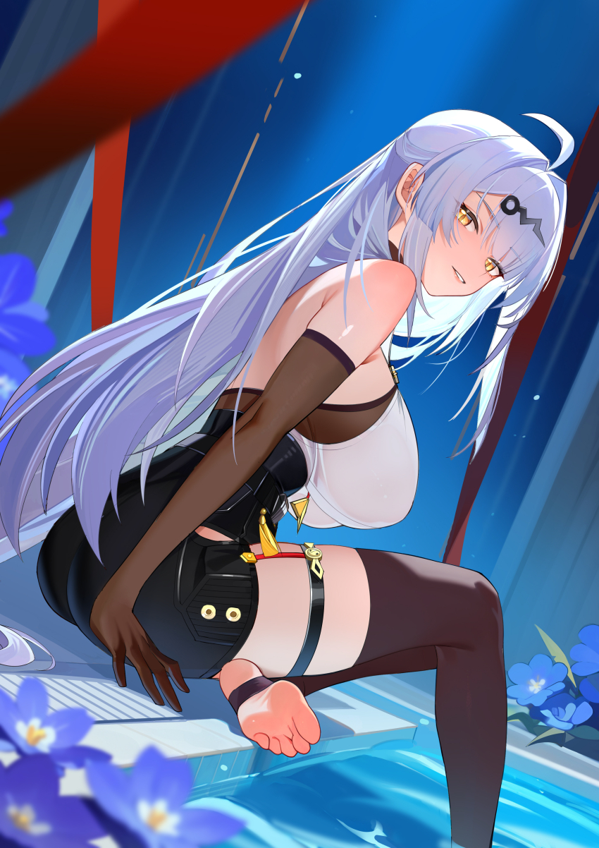 1girl, absurdres, ass, back, barefoot, breasts, brown_socks, elbow_gloves