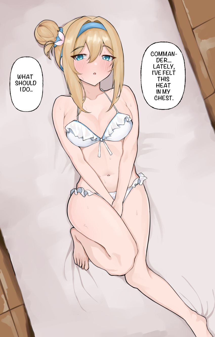 1girl, absurdres, bikini, blonde_hair, blue_hairband, breasts, english_text, fiftya