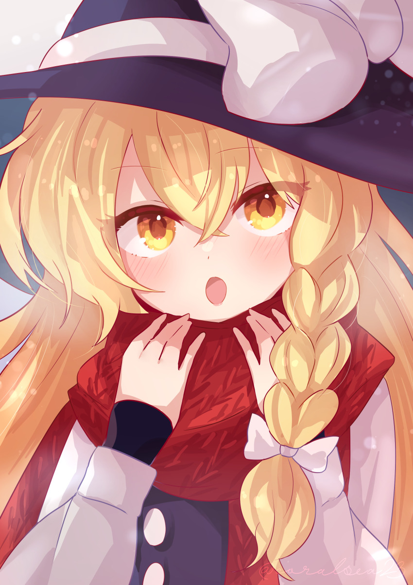 1girl, absurdres, black_hat, black_vest, blonde_hair, blush, bow, braid