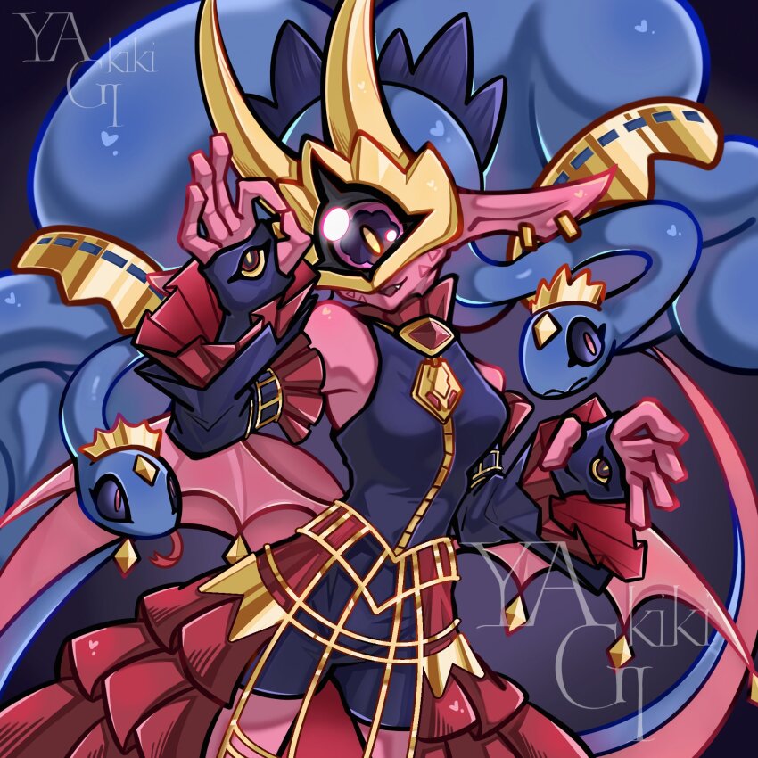 1girl, bare_shoulders, black_shirt, black_shorts, blue_hair, colored_skin, covered_eyes, cowboy_shot