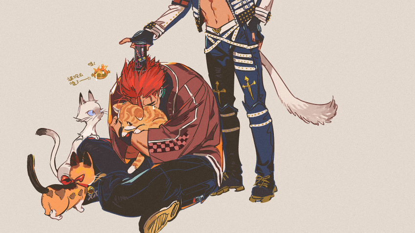 2boys, animal, animal_hug, brute_bomber, can, cat, cat_tail, dark-skinned_male, dark_skin, drink_can, final_fantasy, final_fantasy_xiv, grey_background, hector_(ff14), hex_6shui, highres, holding, holding_can, hyur, indian_style, male_focus, miqo'te, multiple_boys, navel, no_shirt, object_on_head, red_hair, retsarra_(ff14), simple_background, sitting, standing, tail, tears, toned, toned_male