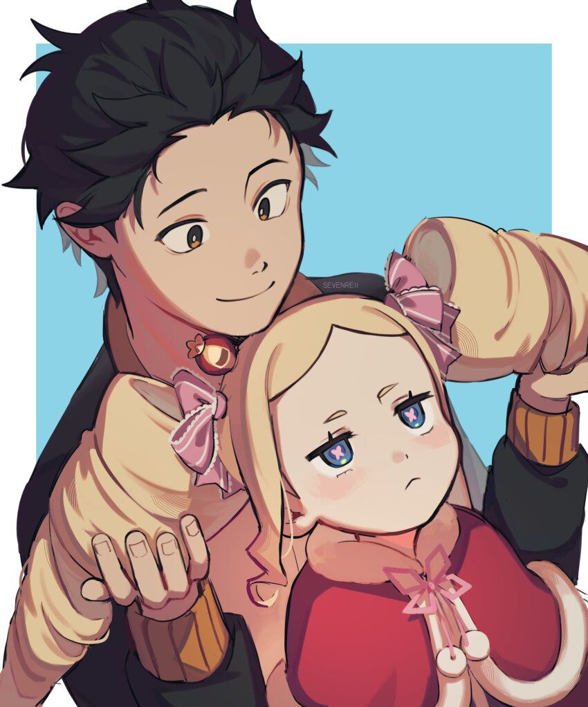 1boy, 1girl, absurdres, artist_name, beatrice_(re:zero), black_hair, black_jacket, blonde_hair, blue_background, blue_eyes, border, bow, butterfly-shaped_pupils, capelet, closed_mouth, commentary, crown, english_commentary, fingernails, fur-trimmed_capelet, fur_trim, hair_bow, hands_up, highres, holding_another's_hair, jacket, long_hair, long_sleeves, looking_at_another, mini_crown, natsuki_subaru, neck_ribbon, orange_eyes, outside_border, pink_bow, pink_ribbon, pom_pom_(clothes), puffy_long_sleeves, puffy_sleeves, re:zero_kara_hajimeru_isekai_seikatsu, red_capelet, ribbon, sevenreii, sidelocks, simple_background, smile, symbol-shaped_pupils, twintails, upper_body, white_border