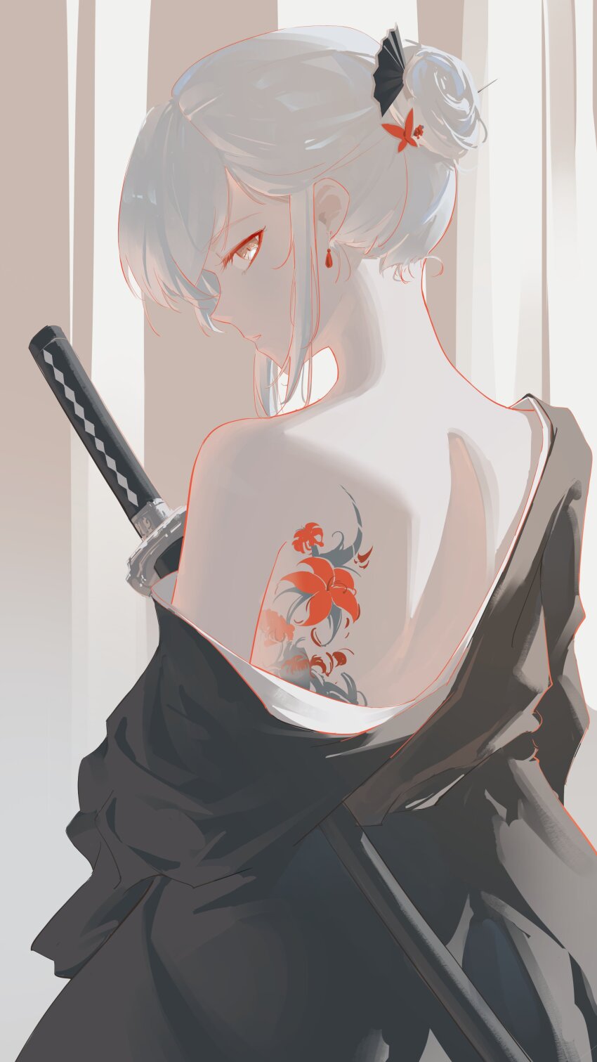 1girl, absurdres, alpha:_crimson_weave_(pgr), alpha:_crimson_weave_(tsubaki)_(pgr), alpha_(pgr), bare_shoulders, butterfly_hair_ornament, earrings