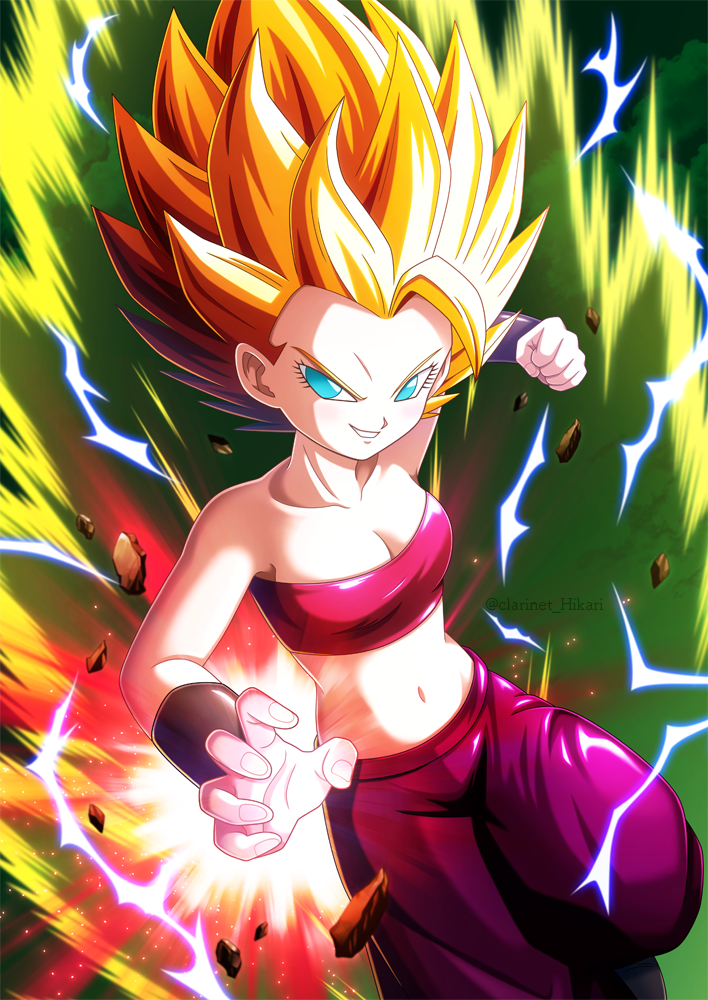 1girl, asymmetrical_hair, bare_shoulders, blonde_hair, blue_eyes, breasts, caulifla, cleavage, clenched_hand, cloud, commentary, crop_top, dragon_ball, dragon_ball_super, electricity, fighting_stance, green_background, green_sky, grin, hikari_(hikari_no_kobako), midriff, navel, pants, parted_lips, pink_shirt, purple_pants, rock, saiyan, shirt, sky, sleeveless, small_breasts, smile, solo, super_saiyan, super_saiyan_2, teeth, tomboy, twitter_username