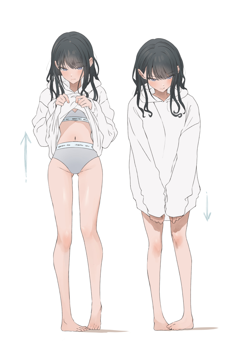 1girl, absurdres, arrow_(symbol), barefoot, black_hair, blush, clothes_lift, collarbone