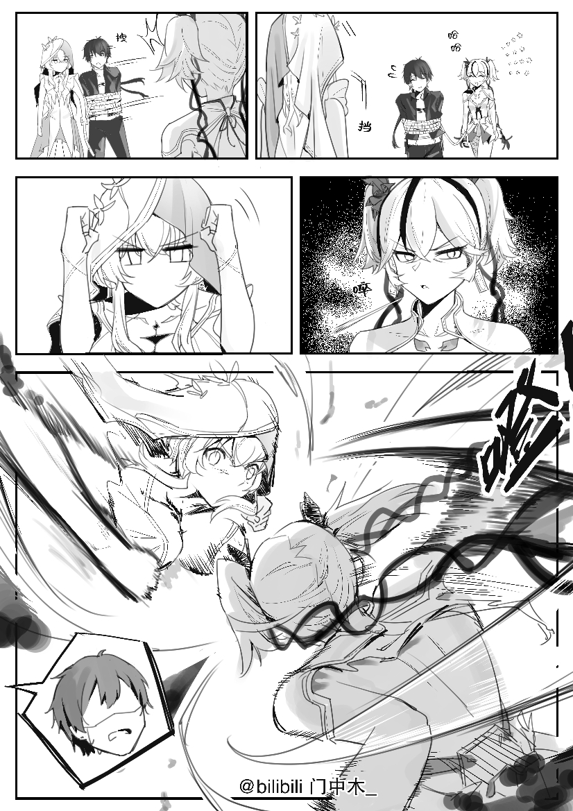 1boy, 2girls, arguing, black_hair, black_jacket, blake_bloom_(wuthering_waves), bound, camellya_(wuthering_waves)