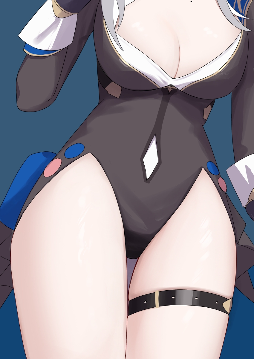 1girl, absurdres, anima_miko, black_leotard, blue_background, breasts, cipher_(honkai:_star_rail), cleavage, commentary_request, deep_skin, grey_hair, head_out_of_frame, highres, honkai:_star_rail, honkai_(series), large_breasts, legs, leotard, lower_body, no_bra, revealing_clothes, shiny_skin, skindentation, solo, standing, thick_thighs, thigh_focus, thigh_gap, thigh_strap, thighs