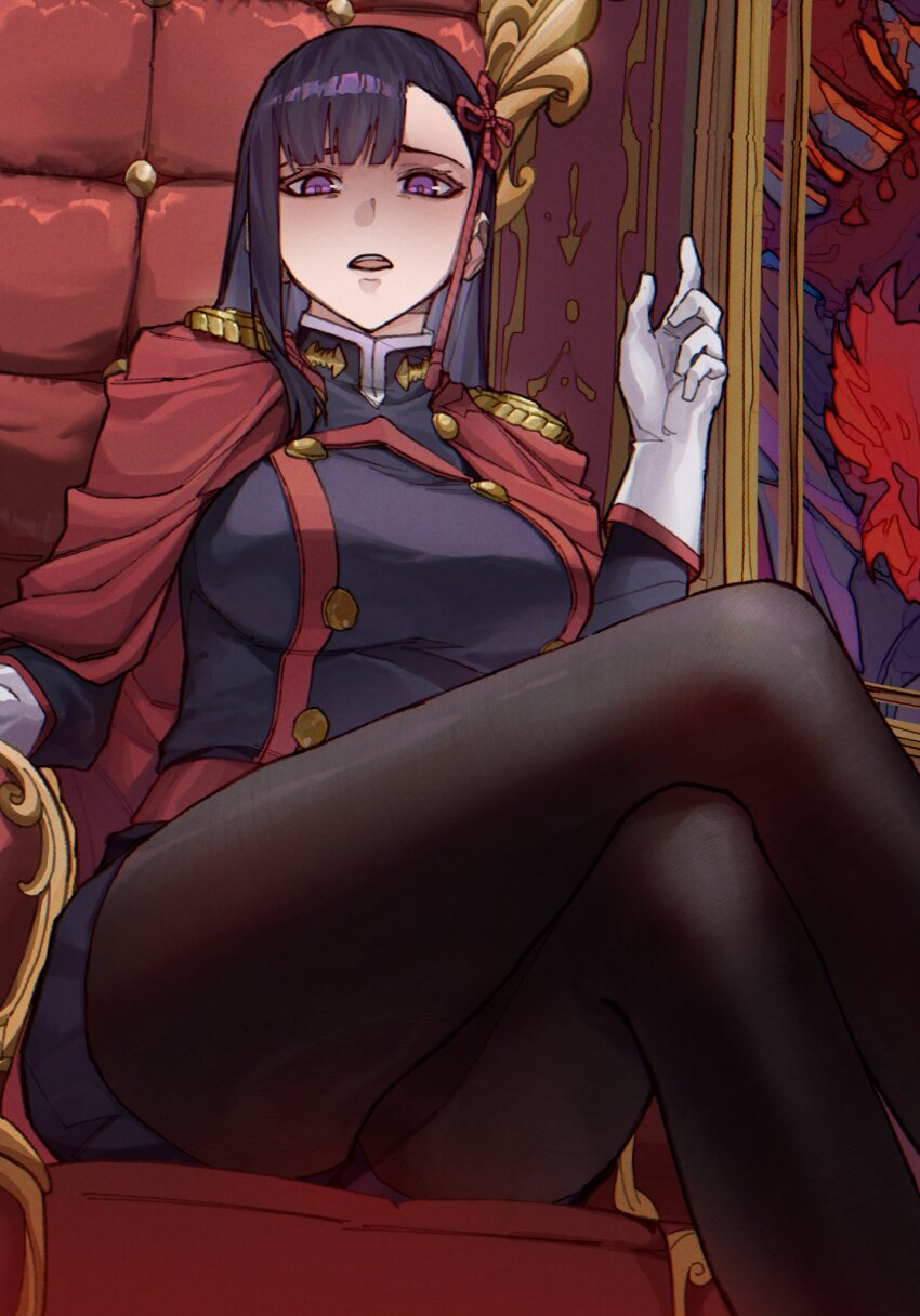 1girl, anti-demon_corps_uniform, black_pantyhose, blue_skirt, breasts, cape, crossed_legs, gloves