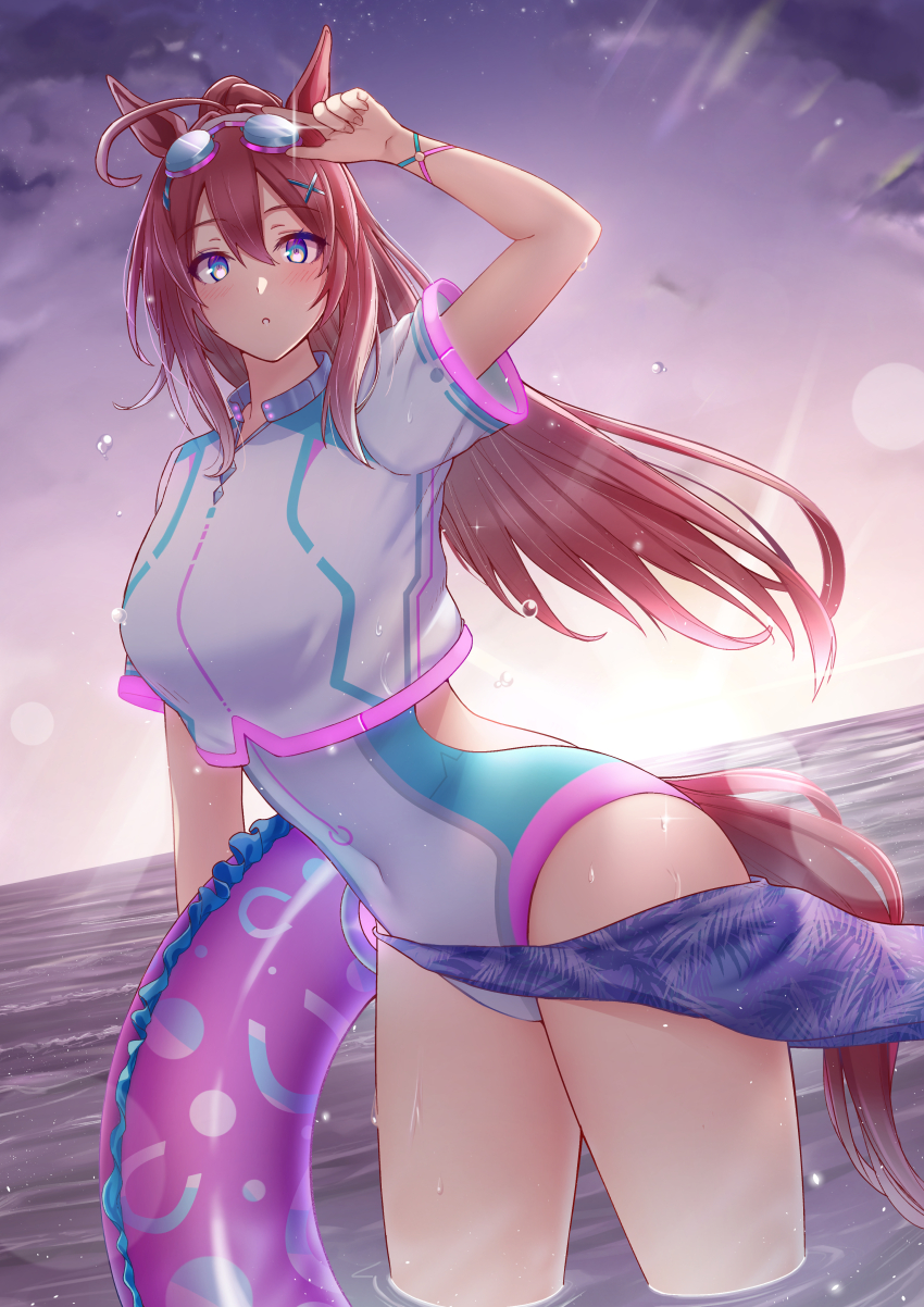 1girl, abish, absurdres, ahoge, animal_ears, arm_up, backless_swimsuit, blue_eyes