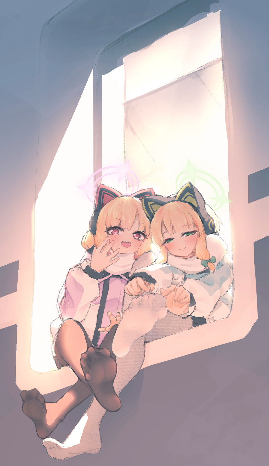 2girls, animal_ear_headphones, animal_ears, blonde_hair, blue_archive, brown_pantyhose, cat_ear_headphones, cat_ears, fake_animal_ears, foot_focus, green_hair, halo, headphones, highres, jacket, loli, looking_at_viewer, midori_(blue_archive), midori_(winter)_(blue_archive), momoi_(blue_archive), momoi_(winter)_(blue_archive), multiple_girls, official_alternate_costume, pantyhose, pink_eyes, pink_halo, siblings, sitting, smile, troble7410, twins, white_pantyhose