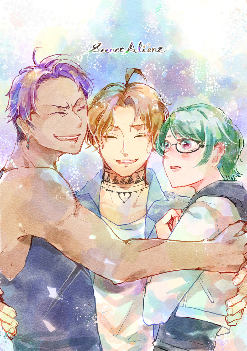 1girl, 2boys, ahoge, black_tank_top, blonde_hair, blush, collared_shirt, cropped_jacket