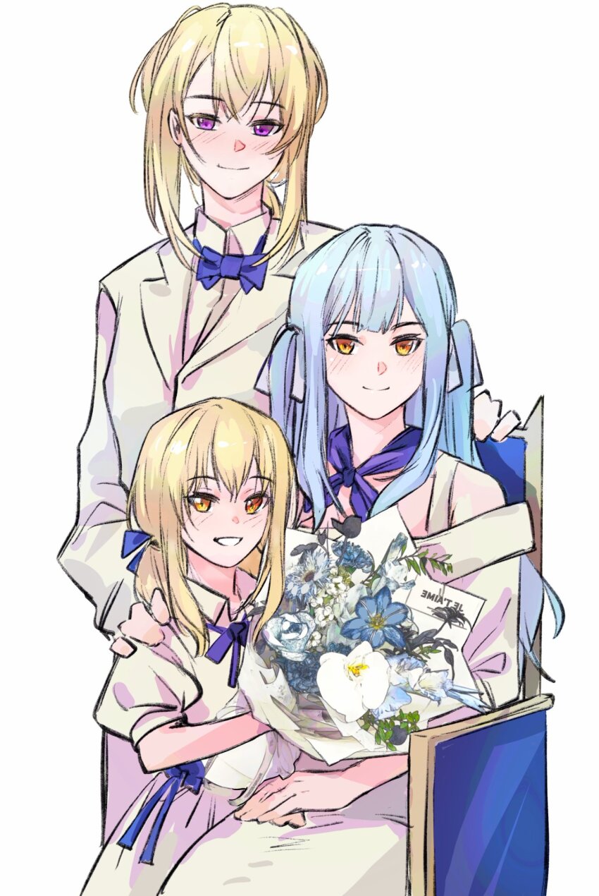 3girls, bang_dream!, bang_dream!_it's_mygo!!!!!, blonde_hair, blue_background, blue_hair, blush, bouquet
