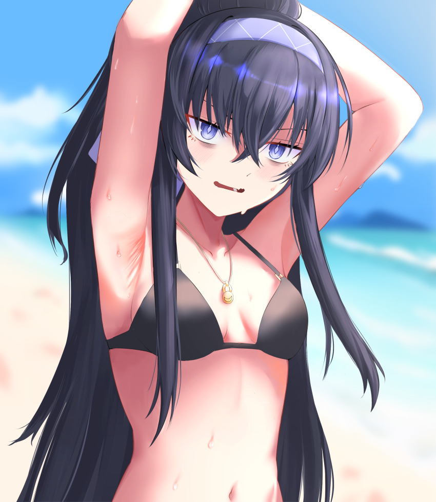 1girl, absurdres, armpits, bags_under_eyes, beach, bikini, black_bikini, blue_archive, blue_eyes, breasts, enariarte, gold_necklace, headband, highres, jewelry, light_blush, long_hair, looking_at_viewer, midriff, navel, necklace, small_breasts, sweat, swimsuit, ui_(blue_archive), ui_(swimsuit)_(blue_archive)