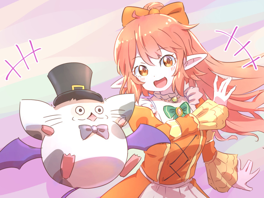 1girl, 1other, :d, bat_wings, black_fur, bow, bowtie, colored_skin