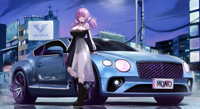 1girl, absurdres, ahoge, apartment, bag, bare_shoulders, belt, bentley_continental_gt