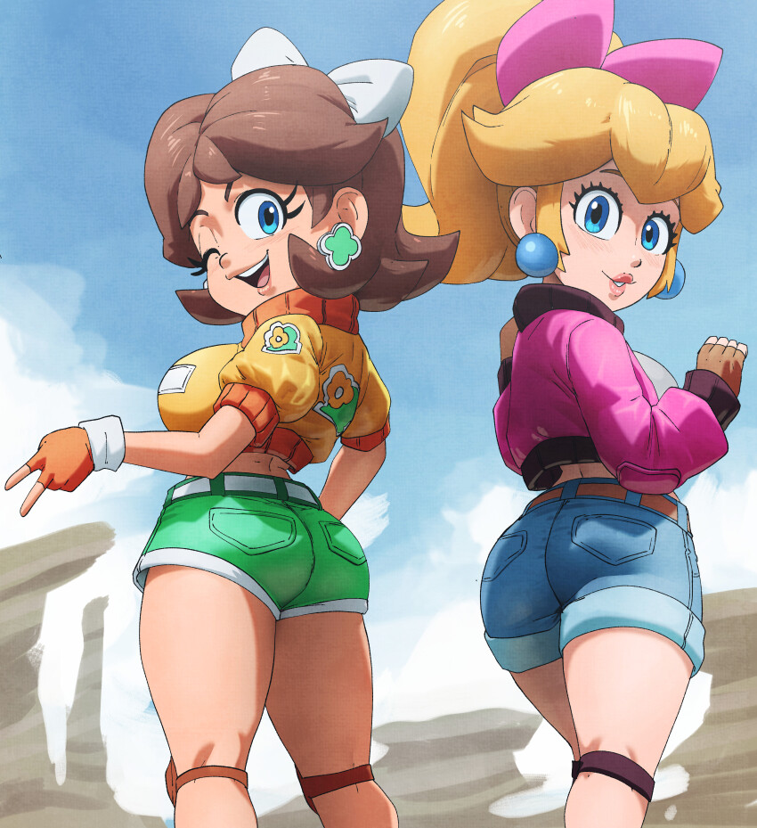 2girls, absurdres, ass, ass_focus, bare_legs, blue_shorts, denim, denim_shorts