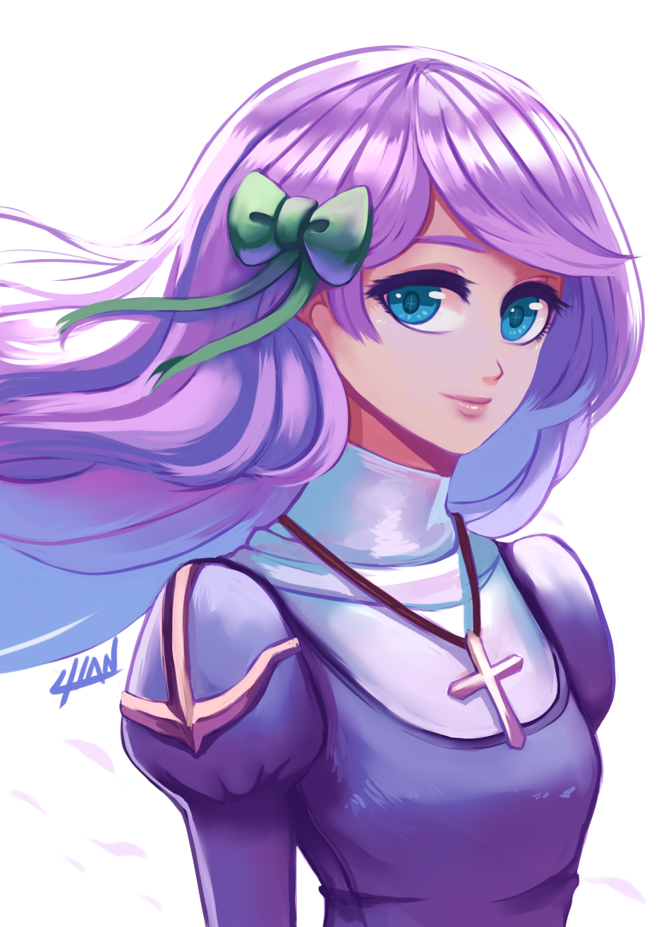 1girl, blue_eyes, bow, breasts, closed_mouth, commentary, cross, cross_necklace