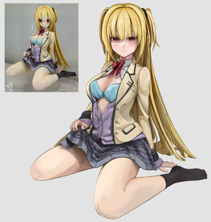 1girl, absurdres, aqua_bra, arihara_nanami, arm_behind_back, black_scrunchie, black_socks, blonde_hair