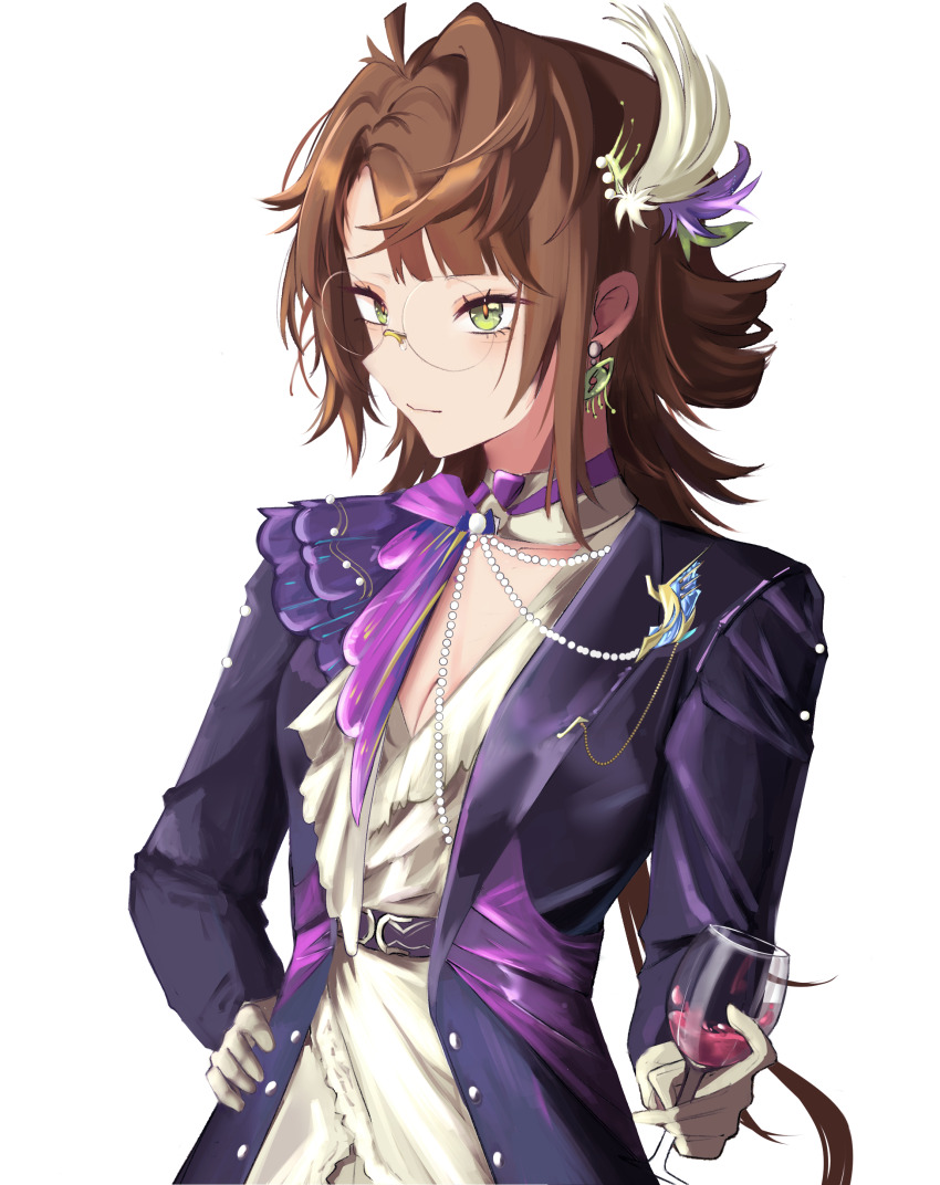 1girl, absurdres, alcohol, brown_hair, coat, copyright_request, cup, drinking_glass