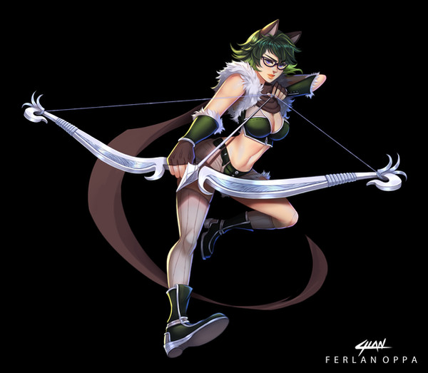 1girl, alternate_color, animal_ears, arrow_(projectile), black-framed_eyewear, black_background, black_gloves, boots