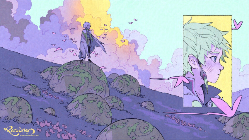 1boy, ann_maulina, cloak, closed_mouth, cloud, cloudy_sky, commentary, english_commentary