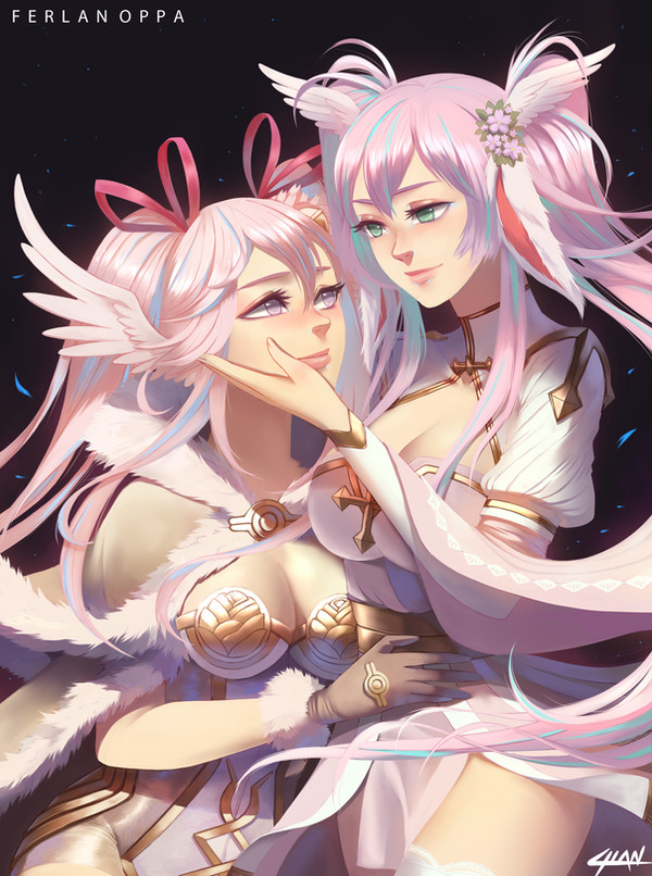 2girls, arch_bishop_(ragnarok_online), black_background, breasts, brown_cape, brown_gloves, brown_sash, cape