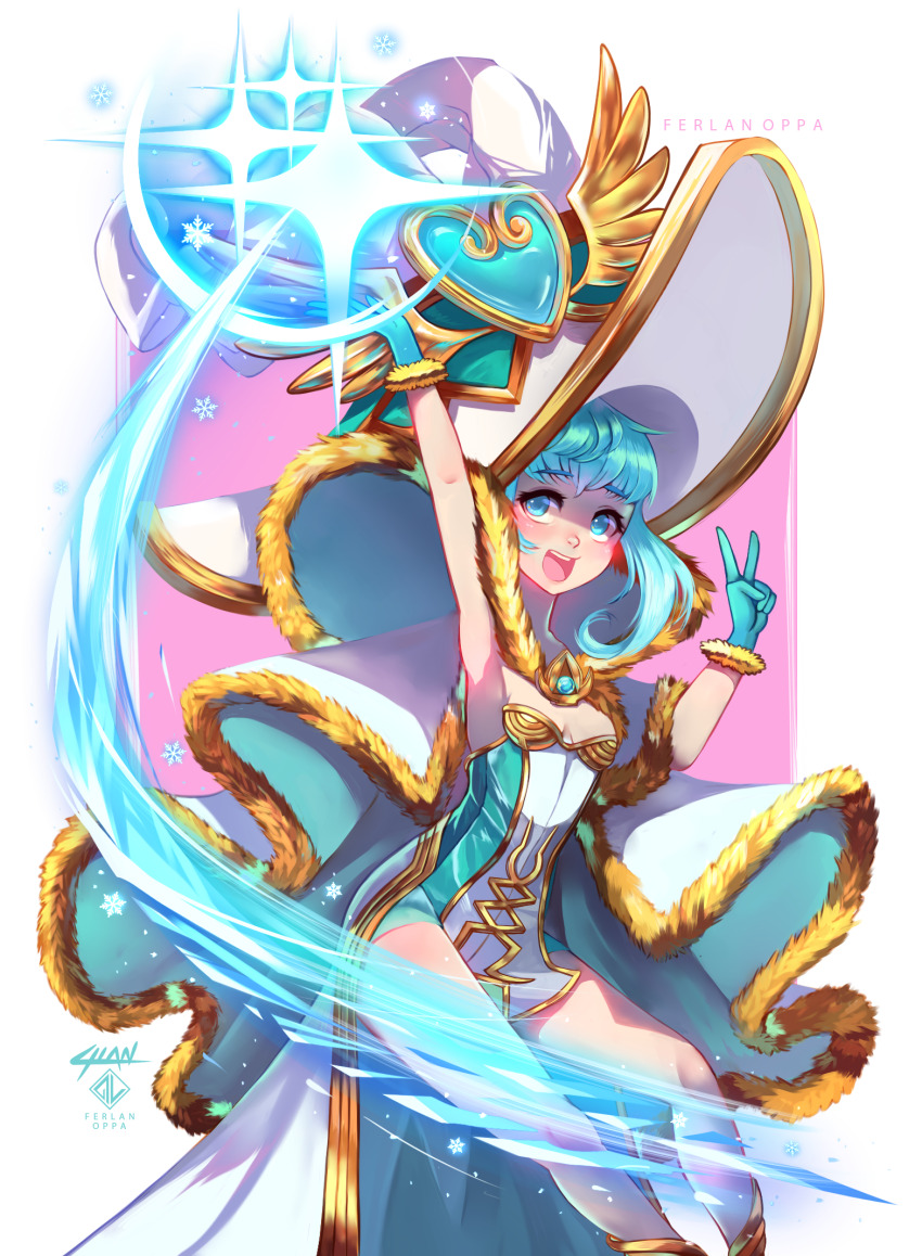 1girl, alternate_color, arm_up, armpits, blue_dress, blue_eyes, blue_gloves, blue_hair