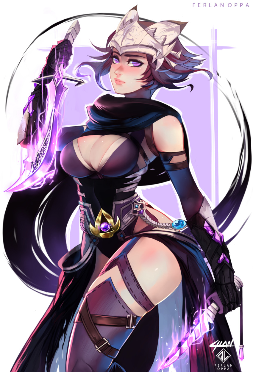 1girl, black_cape, black_gloves, black_leotard, black_scarf, black_thighhighs, breasts, brown_hair