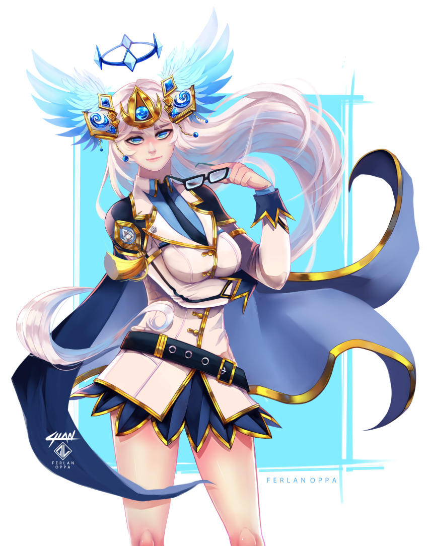 1girl, arm_under_breasts, belt, black-framed_eyewear, black_belt, black_necktie, blazer, blue_background