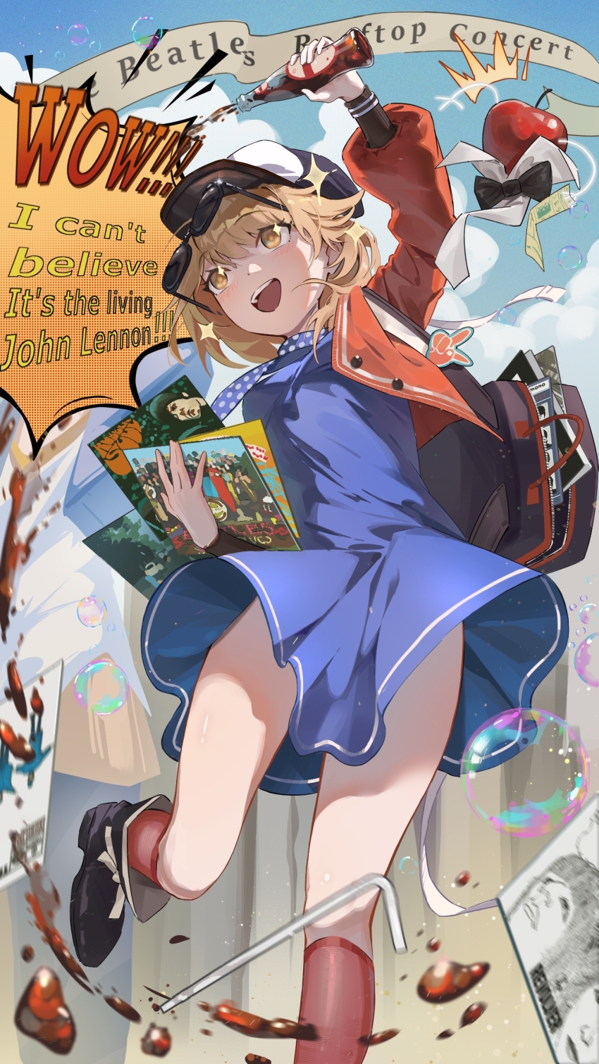 1girl, :d, ^^^, ankle_boots, apple, apple_(reverse:1999), arm_up, backpack