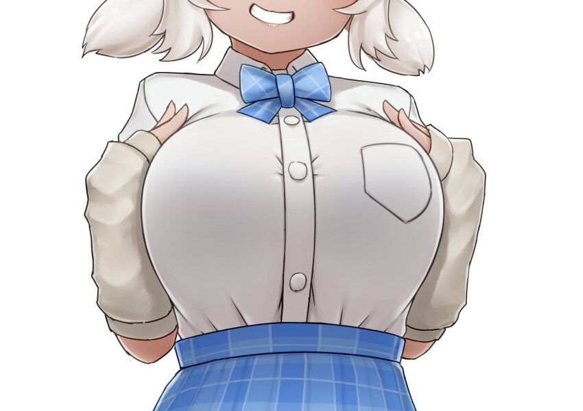 blue_bow, blue_bowtie, blue_skirt, blush, bow, bowtie, close-up, collared_shirt