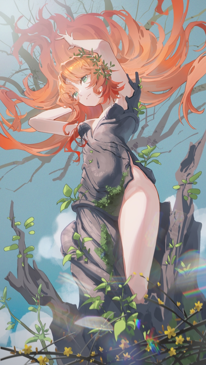 1girl, armpits, arms_up, black_dress, blue_sky, breasts, closed_mouth, cloud, cowboy_shot, dress, druvis_iii, floating_hair, green_eyes, hair_floating_upwards, hair_ornament, leaf, leaf_hair_ornament, long_hair, looking_up, mune_yin'an_hua_hua_de, orange_hair, reverse:1999, side_slit, sky, sleeveless, sleeveless_dress, small_breasts, solo, tree