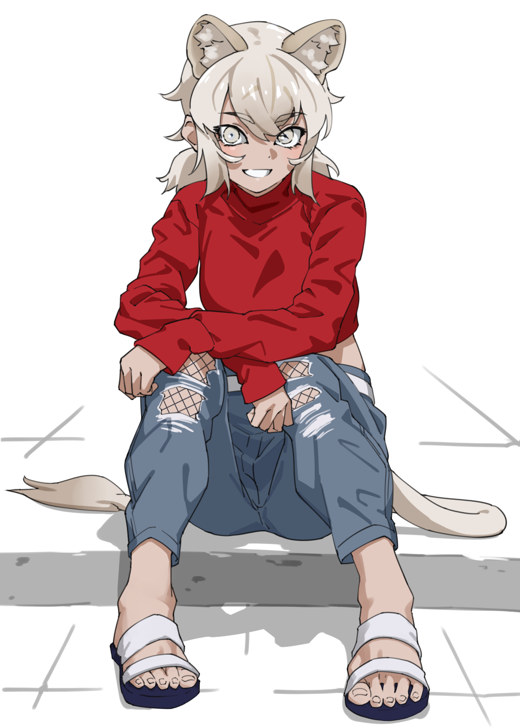 1girl, alternate_costume, animal_ear_fluff, animal_ears, black_sandals, blush, capri_pants, commentary