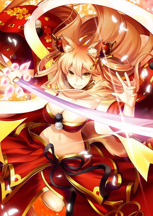 1girl, animal_ear_fluff, animal_ears, bandeau, breasts, cleavage, closed_mouth, detached_sleeves, dynamic_pose, fate/grand_order, fate_(series), feet_out_of_frame, floating_hair, fox_ears, fox_girl, fox_tail, gold_choker, gold_trim, groin, hagoromo, hair_ornament, hands_up, holding, holding_sword, holding_weapon, katana, kenmyouren_(fate), leg_up, long_skirt, long_sleeves, looking_at_viewer, navel, official_art, orange_eyes, orange_hair, petals, pom_pom_(clothes), red_bandeau, red_skirt, red_sleeves, shawl, sidelocks, skirt, smile, solo, stomach, strapless, suzuka_gozen_(fate), suzuka_gozen_(third_ascension)_(fate), sword, tail, takenoko_seijin, third-party_source, v-shaped_eyebrows, weapon, wide_sleeves, yellow_background