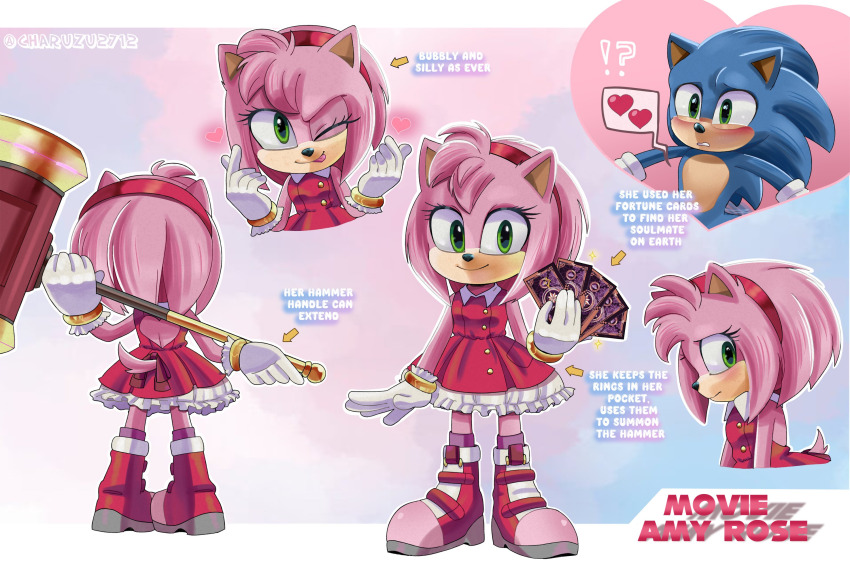 amy_rose, blue_fur, blue_hair, card, charuzu2712, child, dress, green_eyes, hammer, heart, highres, medium_hair, paramount_pictures, pink_fur, pink_hair, sega, shoes, smile, sonic_(live_action), sonic_(series), sonic_the_hedgehog, spiked_hair, tail, tarot, tarot_card, toy_hammer