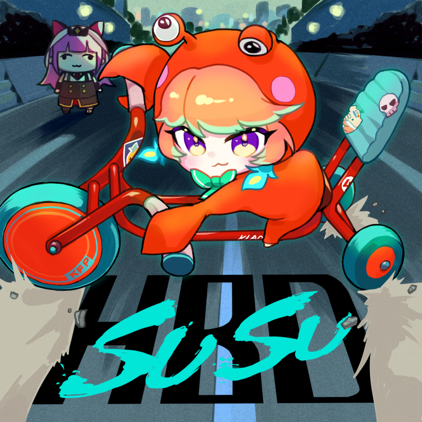 2girls, akira_(manga), akira_slide, alternate_form, animal_costume, blush_stickers, bow, chibi