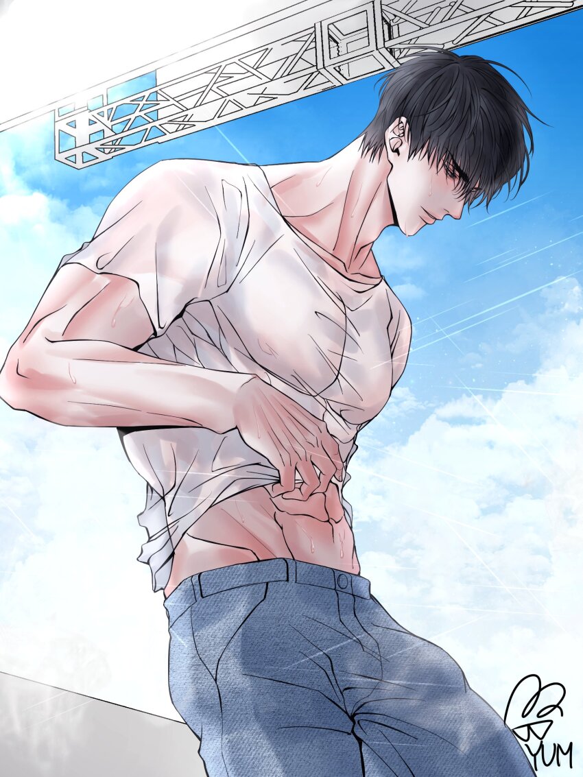 1boy, abs, absurdres, artist_name, black_hair, blue_sky, clothes_pull, cloud, cloudy_sky, commentary_request, cowboy_shot, denim, grey_eyes, highres, jeans, korean_commentary, looking_to_the_side, male_focus, midriff, nipples, pants, parted_lips, rain, rukawa_kaede, see-through_clothes, see-through_shirt, shirt, shirt_pull, short_hair, signature, sky, slam_dunk_(series), solo, stadium, toned, toned_male, wet, wet_clothes, wet_shirt, yum_606