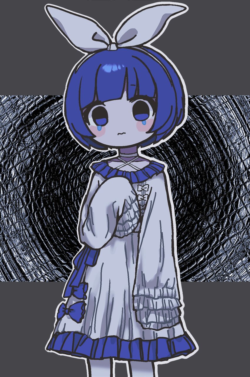 1girl, blue_eyes, blue_hair, blunt_bangs, bow, bow_hairband, crying, crying_with_eyes_open