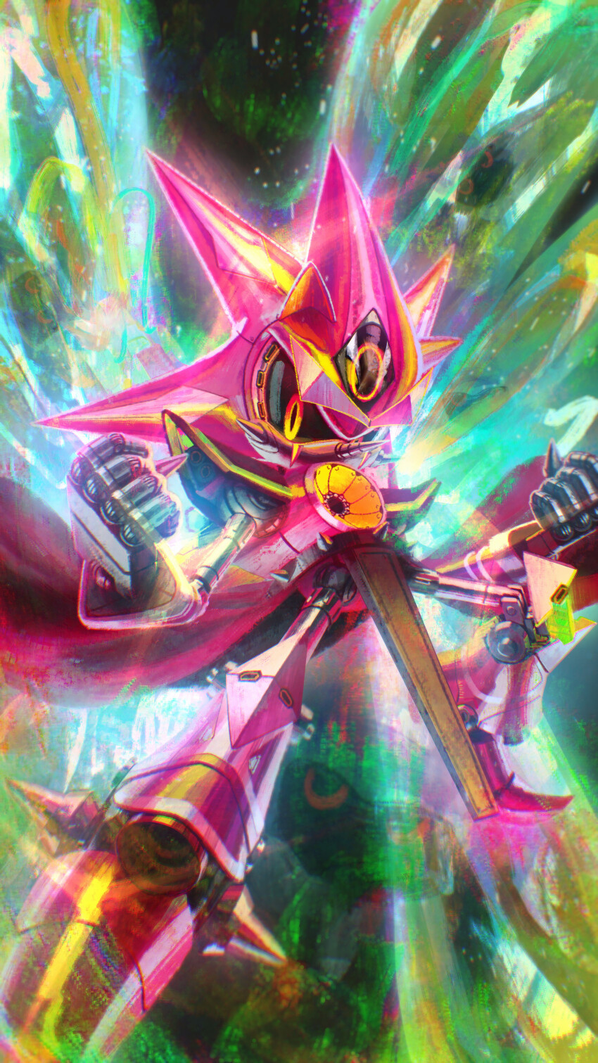 1boy, abstract_background, absurdres, armor, black_sclera, bootleg_metal_sonic_plush, cape, clenched_hands